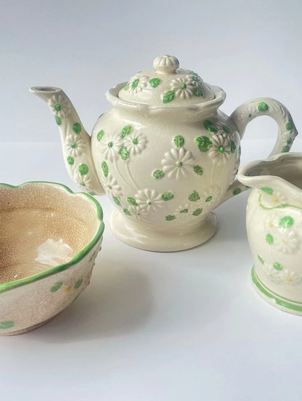 Vintage Japanese Majolica Daisy Ceramic Tea Set - 3pc